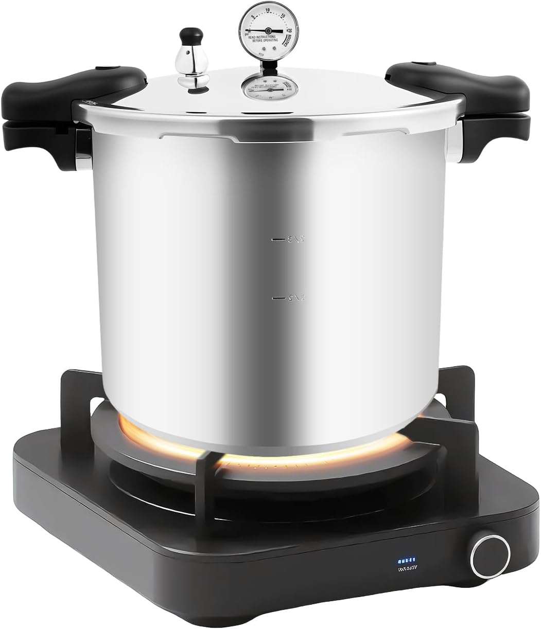 23 Quart Aluminum Pressure Cooker with Pressure Gauge & Release Valve, 22L Large Capacity, 90kPa Max Pressure, Polished Silver Finish, Suitable for Gas & Electric Stoves