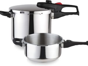 Stainless Steel Pressure Cooker Set, 4.2 & 6.3 Quart, Works on All Stovetops, Induction-Compatible, Encapsulated Diffuser Bottom, 5 Safety Systems