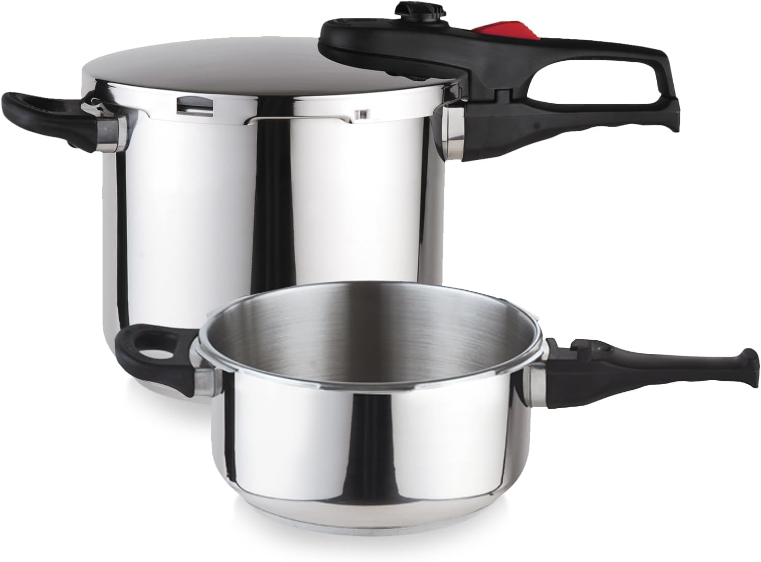 Stainless Steel Pressure Cooker Set, 4.2 & 6.3 Quart, Works on All Stovetops, Induction-Compatible, Encapsulated Diffuser Bottom, 5 Safety Systems