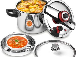 8.45QT 304 Stainless Steel Pressure Cooker, 3-Stage PSI Settings, One-Hand Locking,Explosion-Proof Pot w/Extra Glass Lid, Timer, Steaming Rack(Induction Compatible)