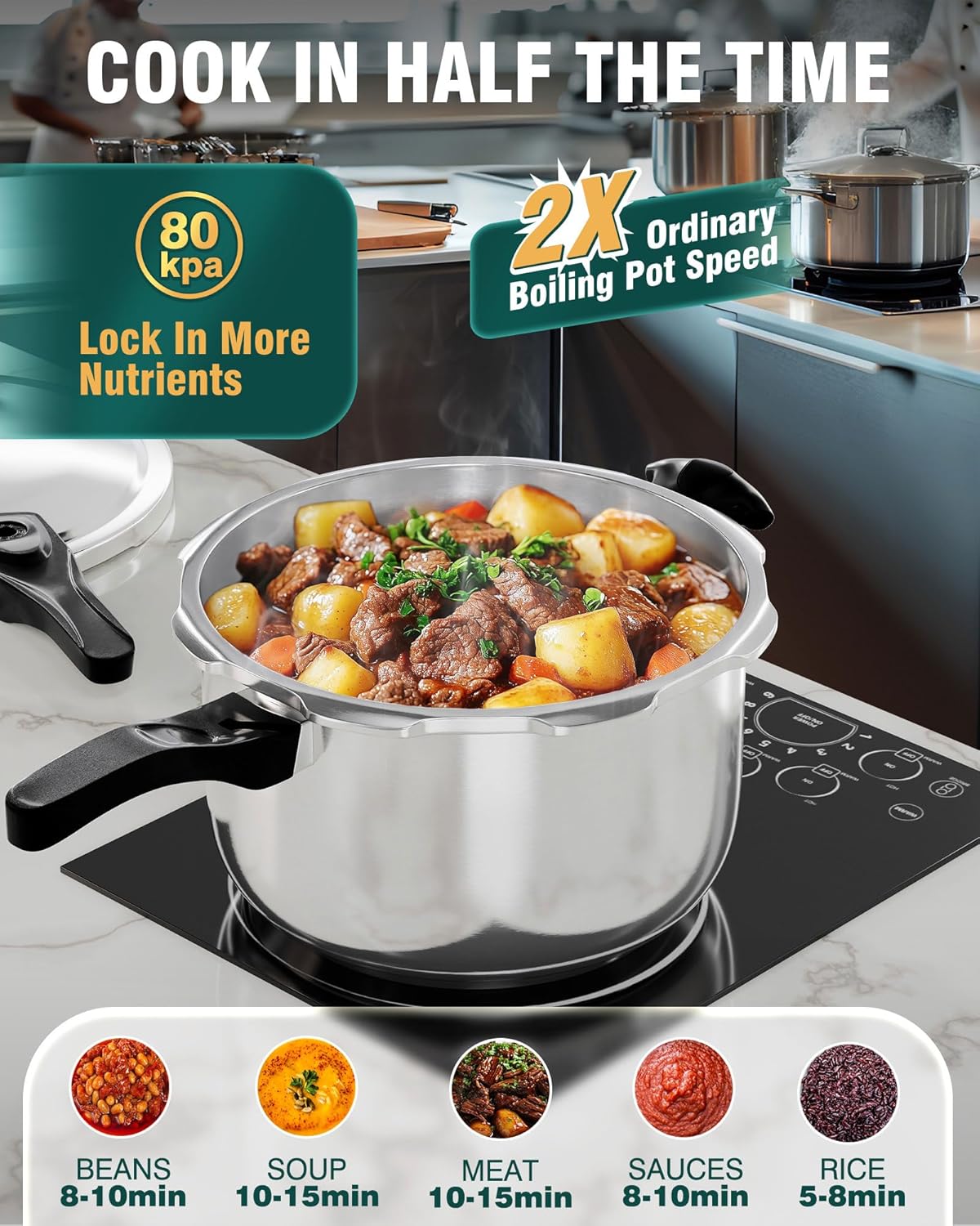 Stainless Steel Pressure Cooker(Non-Aluminum),10 Quart Induction Compatible Pressure Cooker with Spring Valve Safeguard Devices,Compatible with Gas & Induction Cooker - Image 2